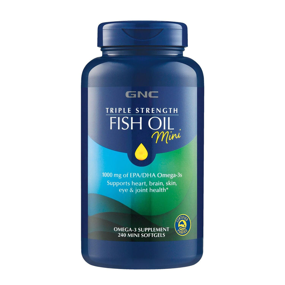 GNC Triple Strength Fish Oil mini softgel bottle supports daily omega-3 intake.