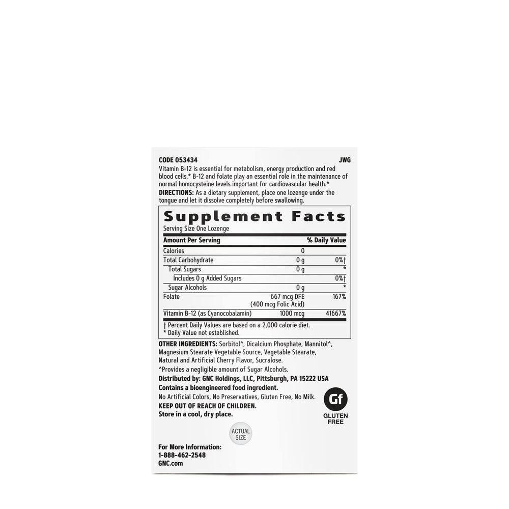 GNC Vitamin B-12 1000mcg cherry lozenge back view highlighting sugar-free formula