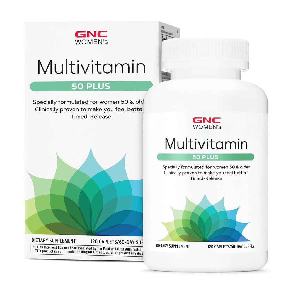 GNC Women’s 50+ Multivitamin caplets bottle front shows easy daily support for energy and immune health