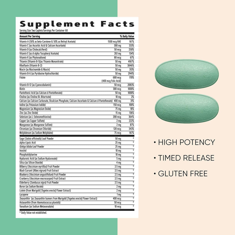 GNC Women’s 50+ Multivitamin caplets tablet-text emphasizes vitamin D, calcium, and magnesium