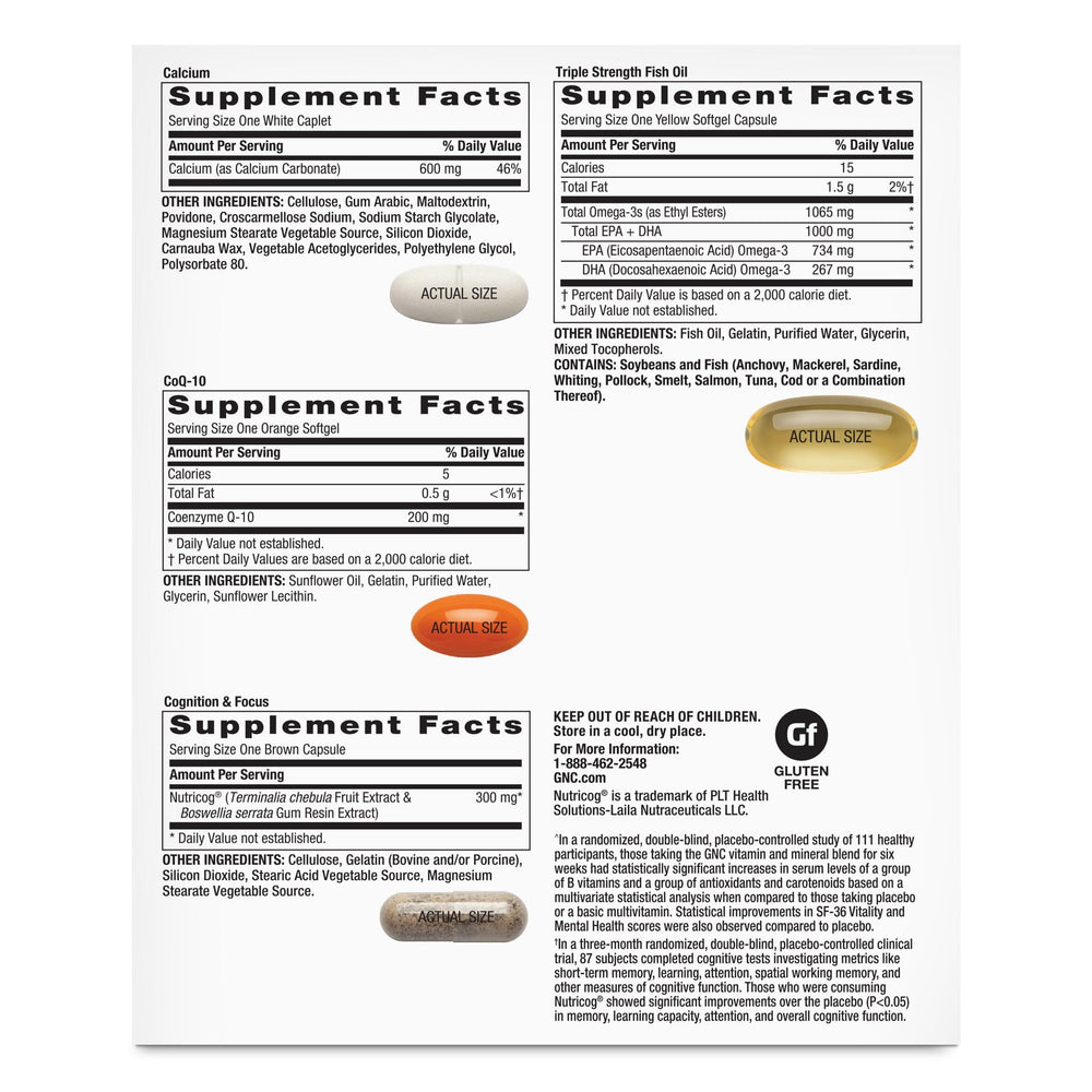 GNC Women's 50+ Vitapak contents laid out for five-in-one nutrition