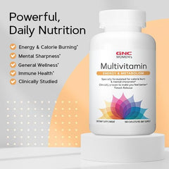 GNC Women’s Energy & Metabolism bottle near coffee cup for focus support.