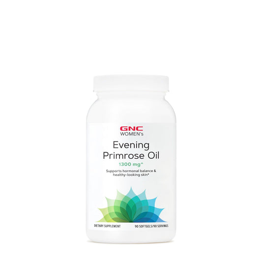 GNC Women's Evening Primrose Oil bottle with capsules supporting healthy skin and balance