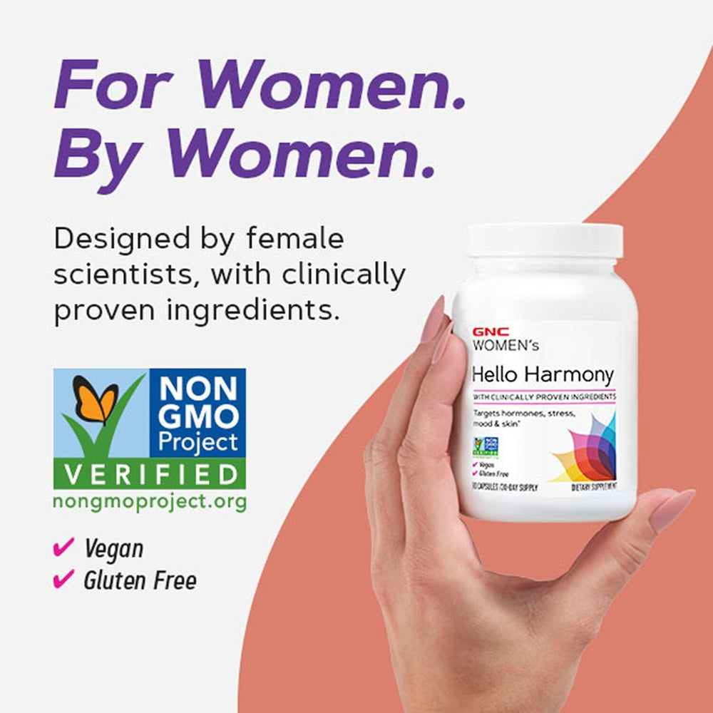 GNC Women's Hello Harmony on vanity scene suggests a daily self-care routine