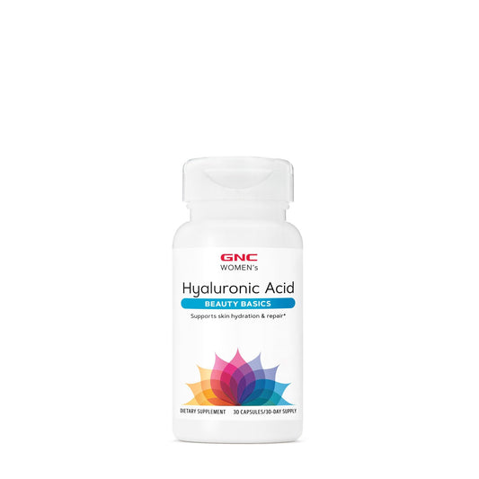 GNC Women's Hyaluronic Acid bottle showing 30 capsules for skin hydration