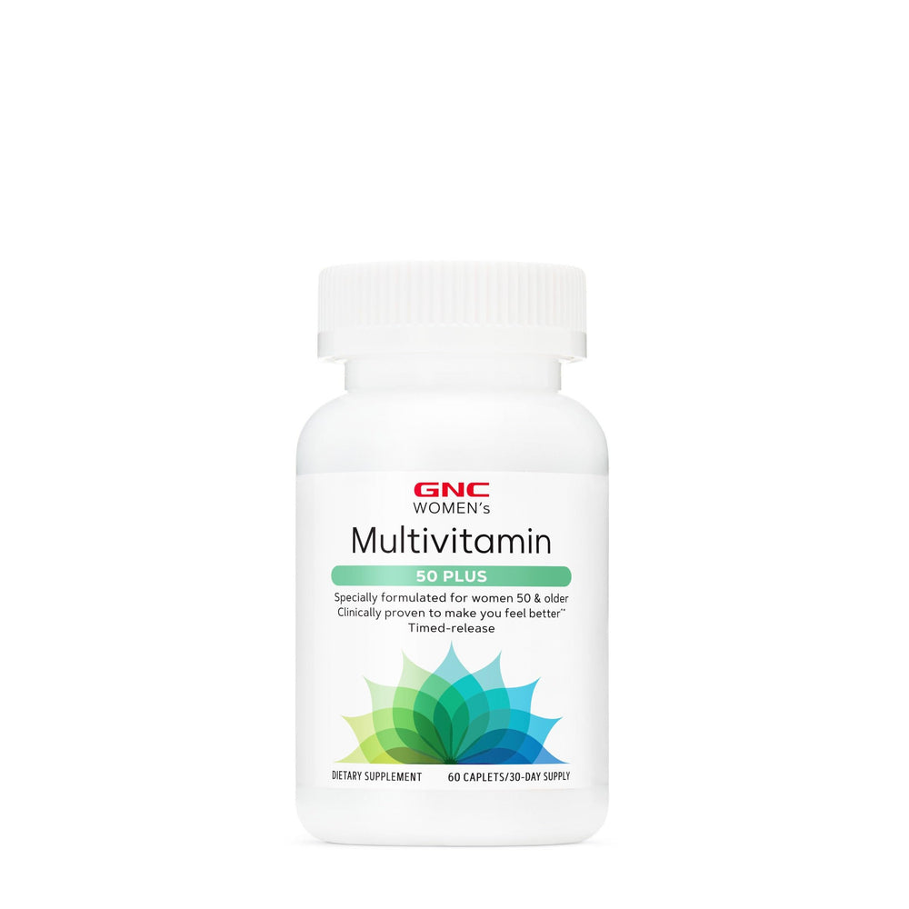 GNC Women's Multivitamin 50+ bottle displaying complete daily support and energy potential.