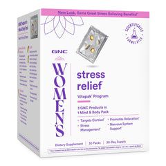 GNC Women's Stress Relief Vitapak pack front showing three-formula system for daily stress support