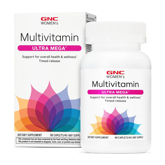 GNC Women’s Ultra Mega Multivitamin caplets bottle on countertop for daily wellness