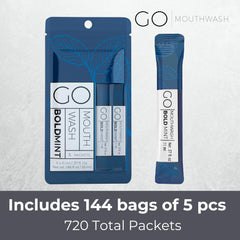 Go Mouthwash Bold Mint packaging display highlighting sleek guest-friendly sachets for hotels or homes.