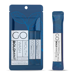 Go Mouthwash Bold Mint travel packet closeup showing spill-proof design for on-the-go freshness.