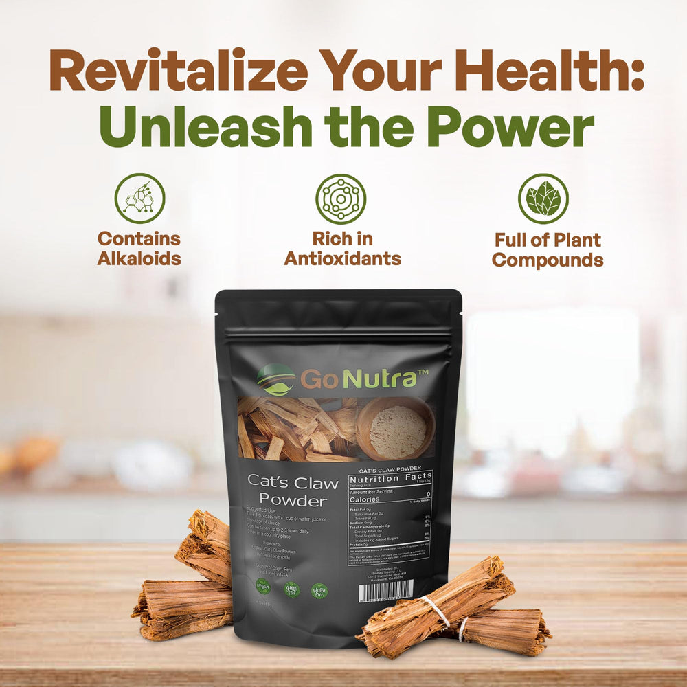 Go Nutra cat's claw powder near a teacup for tea infusion.
