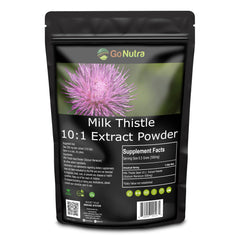 Go Nutra Milk Thistle powder jar highlights a concentrated 10:1 extract for daily wellness.
