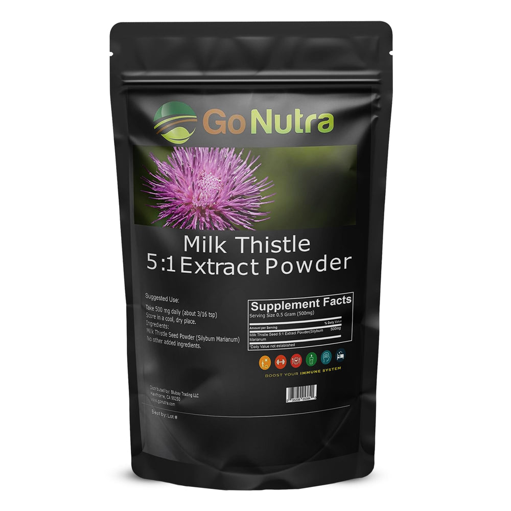 Go Nutra Milk Thistle powder pouring action suggests easy incorporation into routines.