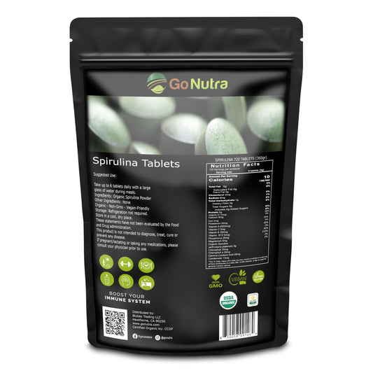 Go Nutra Organic Spirulina tablets in bottle front, convenient daily wellness option