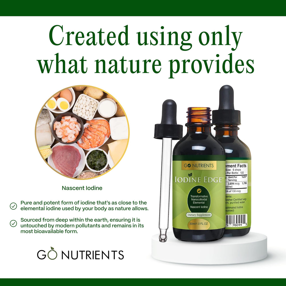 Go Nutrients Iodine Edge liquid close-up signals premium tincture quality.