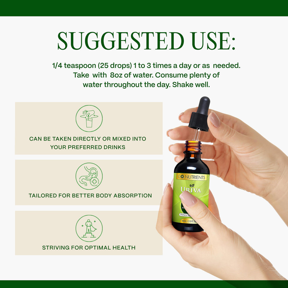 Go Nutrients Uriva two-ounce bottle with 48 servings highlights value and portability.