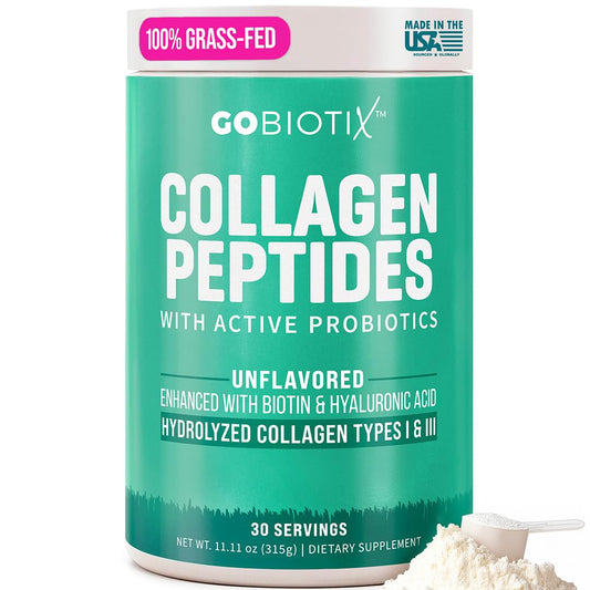 GOBIOTIX collagen bottle open, highlighting joint and skin support.