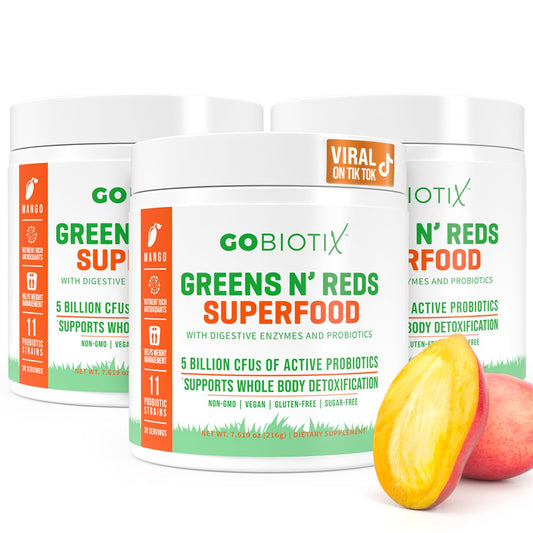 GOBIOTIX Greens Powder bottle pour demonstrates convenient, on-the-go daily nutrition.