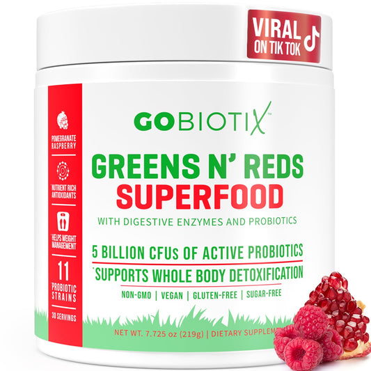 GOBIOTIX Greens Powder tub front showing clean daily nutrition with greens and reds