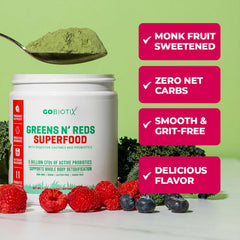 GOBIOTIX Greens Powder pomegranate raspberry flavor pour emphasizes flavorful, sugar-free daily greens