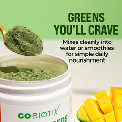 GOBIOTIX Greens Powder smoothie in a glass for morning energy