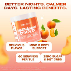 GoBiotix magnesium glycinate powder peach tea flavor in a sugar-free formula