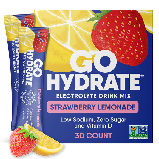 GoHydrate Strawberry Lemonade packets for quick, sugar-free hydration on the go.