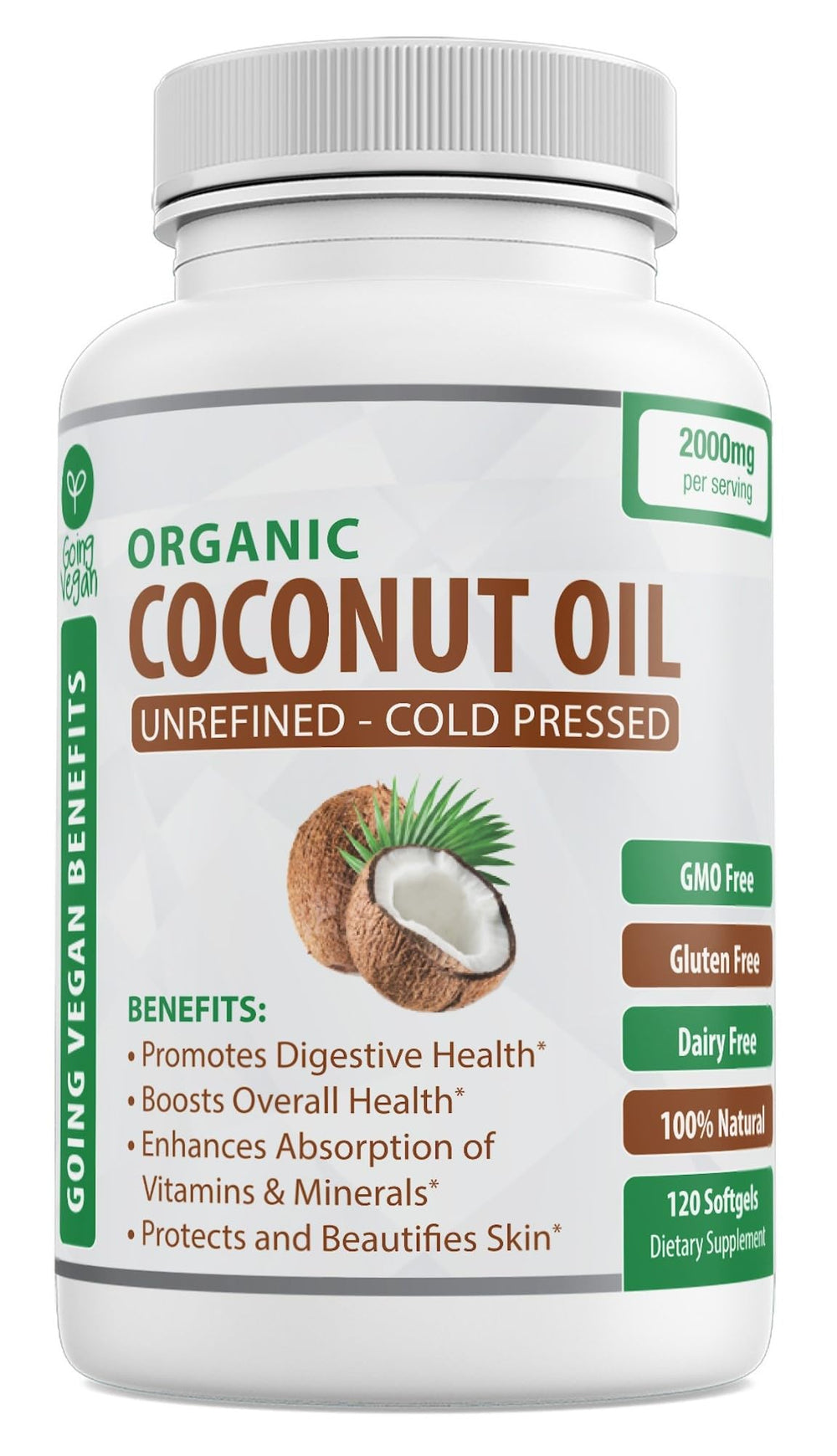Going Vegan coconut oil capsules closeup highlights MCT-rich content.