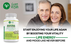 Going Vegan Moringa capsules in hand suggest easy daily use.