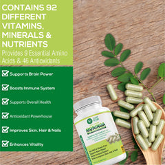 Going Vegan Moringa capsules packaging closeup conveys three months supply value.