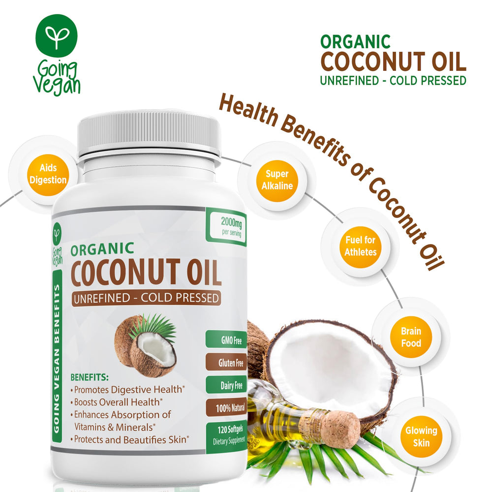 Going Vegan coconut oil capsules label describes ingredients and non-GMO formulation.