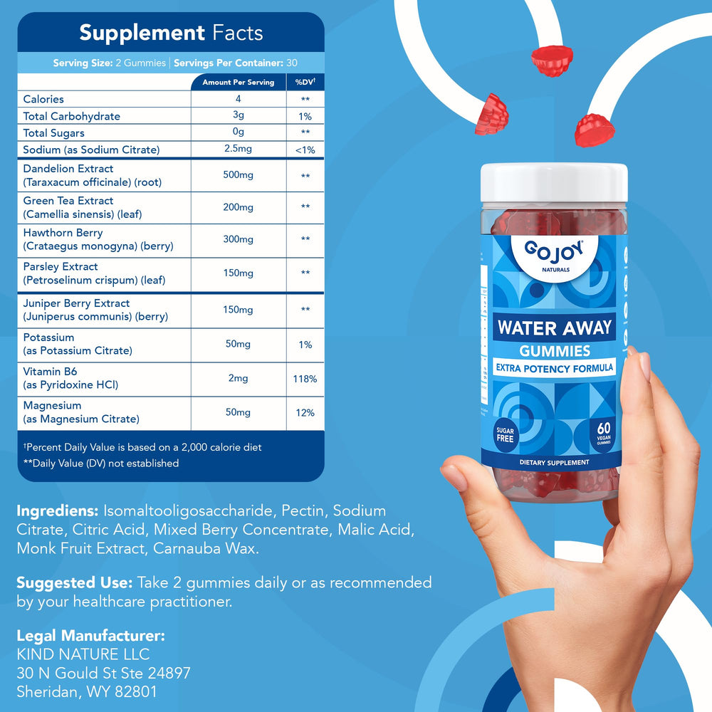 GOJOY Water Away gummies on a kitchen counter beside a glass of water for daily hydration.