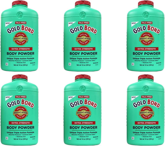 Gold Bond Medicated Extra Strength Body Powder 10 oz bottle for cooling and dryness relief.