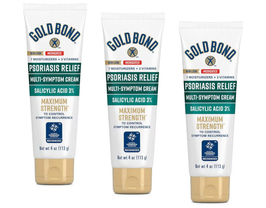 Gold Bond Ultimate Psoriasis Relief Cream tube shown for daily soothing and hydration.