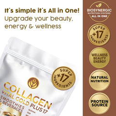 Gold Vital Life superfood ingredients label emphasizing +17 nutrients for collagen support.