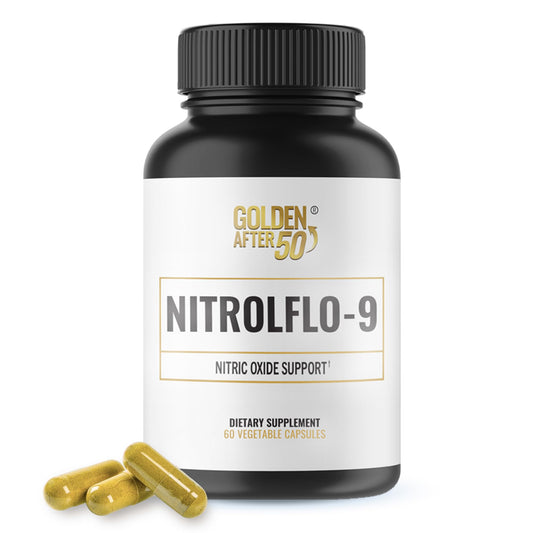 Golden After 50 NitrolFlo-9 bottle pour highlights pomegranate benefits for circulation.