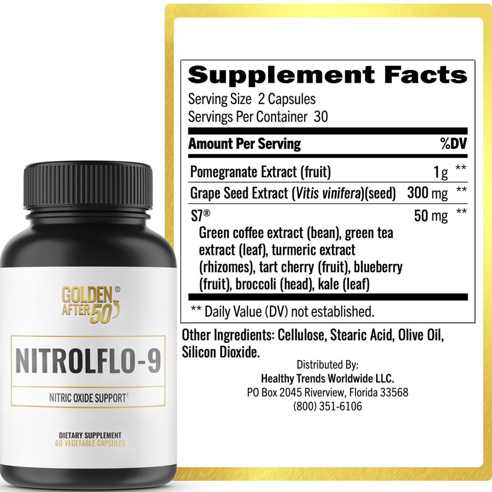 Golden After 50 NitrolFlo-9 capsules displayed for daily energy support.