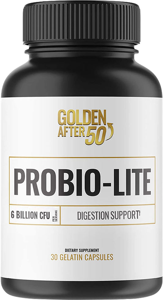 Golden After 50 Probio-Lite bottle close-up for gut health support.