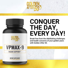 Golden After 50 VpMax-9 capsules in hand illustrating convenient daily use
