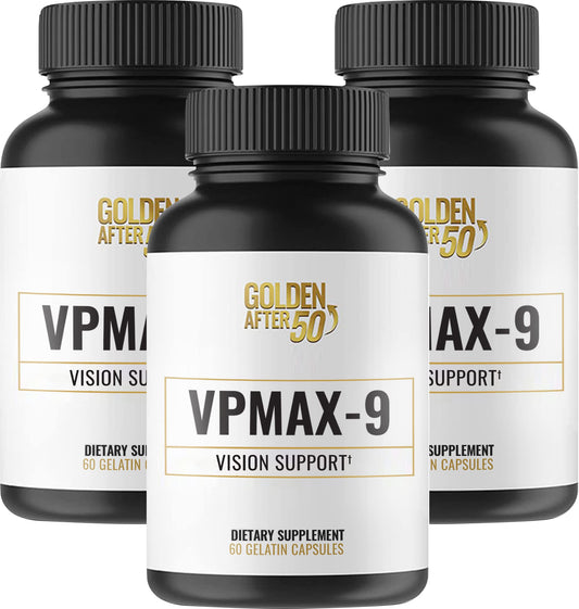 Golden After 50 VpMax-9 eye vitamin bottle front view for daily antioxidant support