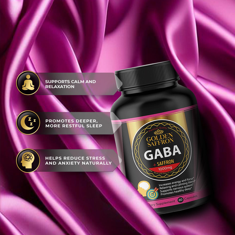GOLDEN SAFFRON GABA label detail showing vegan, non-GMO formula.