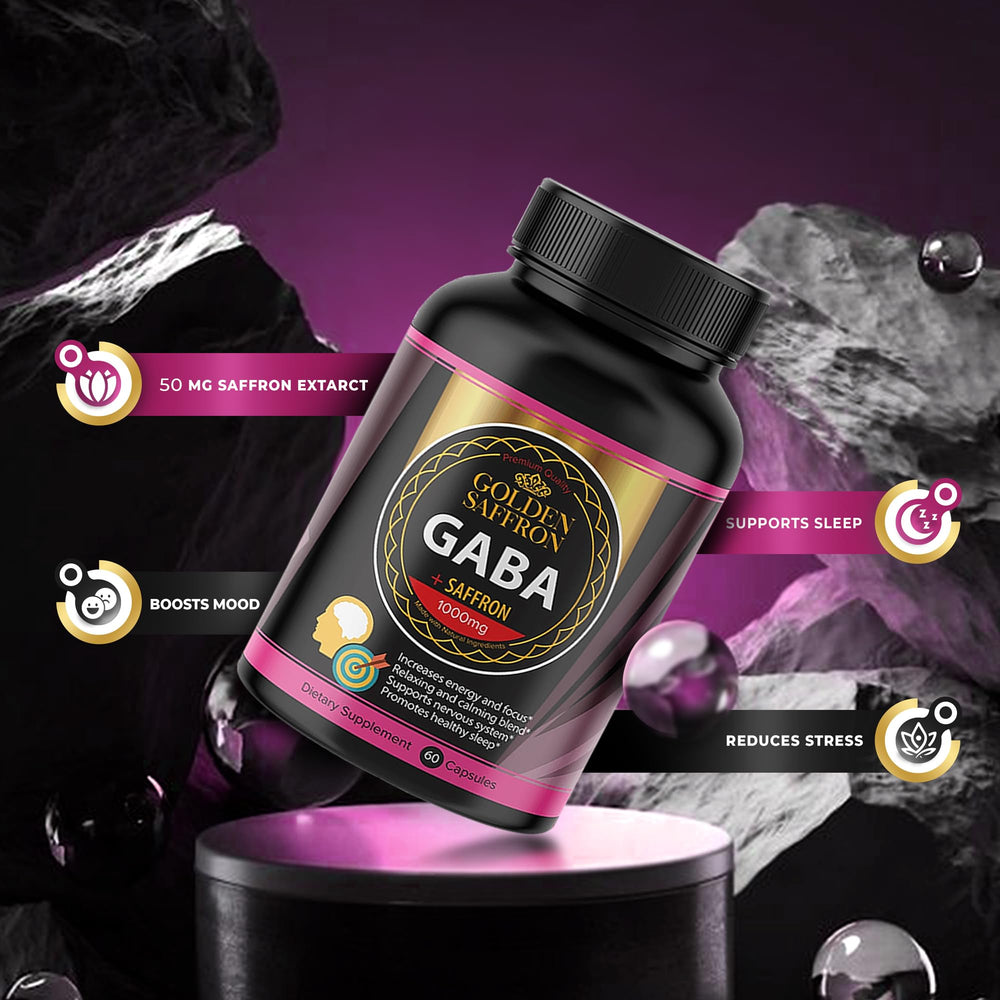 GOLDEN SAFFRON GABA packaging box highlighting USA-made quality.