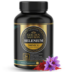 Golden Saffron Selenium bottle with tasteless capsules for easy daily use.