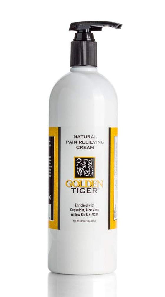 Golden Tiger Pain Relief Cream 32oz pump bottle eases muscle discomfort.