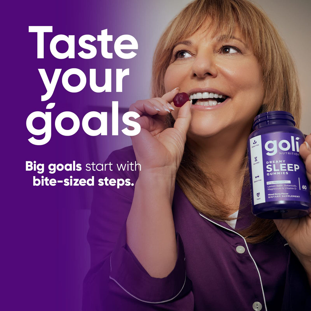 Goli Dreamy Sleep gummy bottle back-label with ingredient notes and usage guidance
