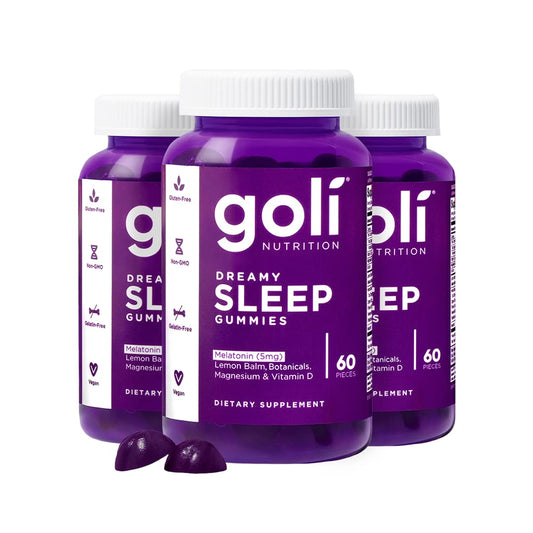 Goli Dreamy Sleep Gummy bottle close-up promotes calm, restful sleep.