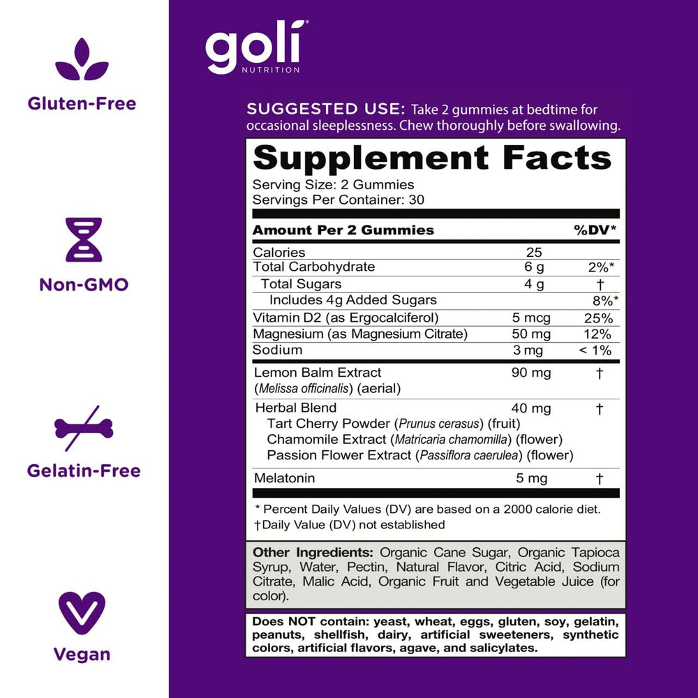 Goli Dreamy Sleep gummy lemon balm ingredient emphasizes calming botanical notes
