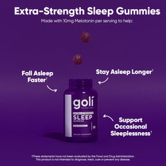 Goli Sleep Gummies bottle back label lists 10 mg melatonin per serving for rest support.
