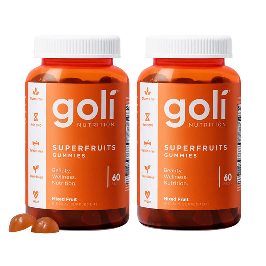 Goli Superfruits gummy bottle close-up highlighting brand and color.
