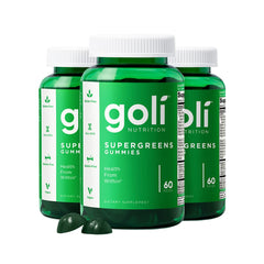 Goli Supergreens gummies with artichoke leaf extract shown; antioxidant-friendly greens for daily routine
